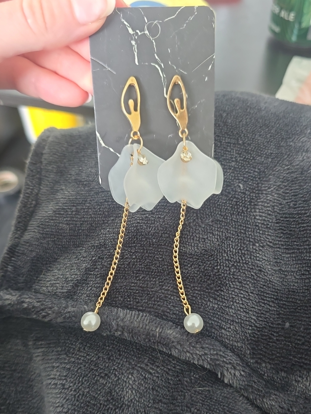 Gold Drop Earrings with Frosted White Petal Charms